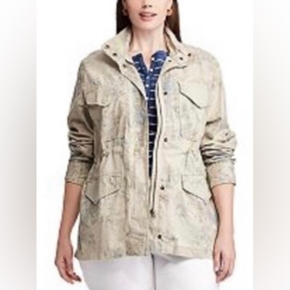 NWT Chaps Ralph Lauren Cobble Ave Beige Blue Floral Jacket Coat Large NEW Ret 89